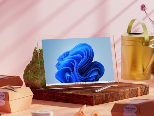 Windows 11 startup screen on a device in a kitchen