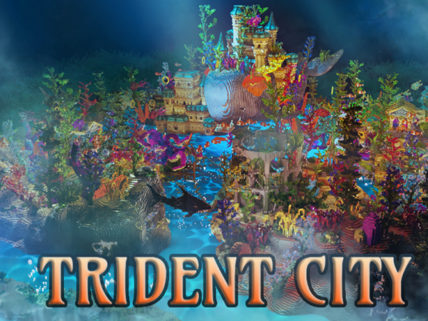 Underwater castle surrounded by sea life