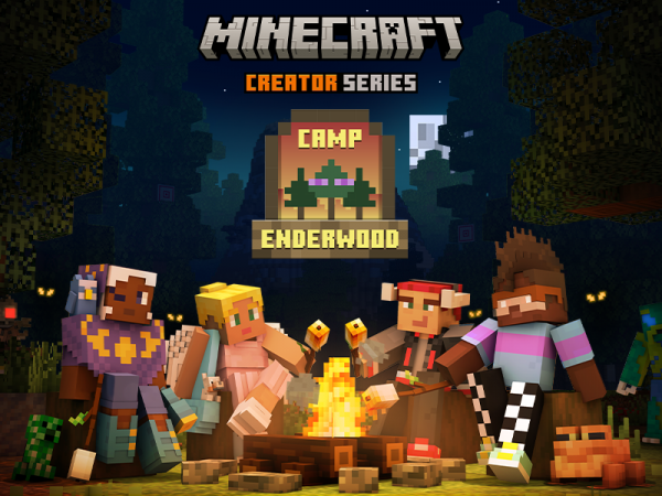 Minecraft characters sitting around a fire in the woods