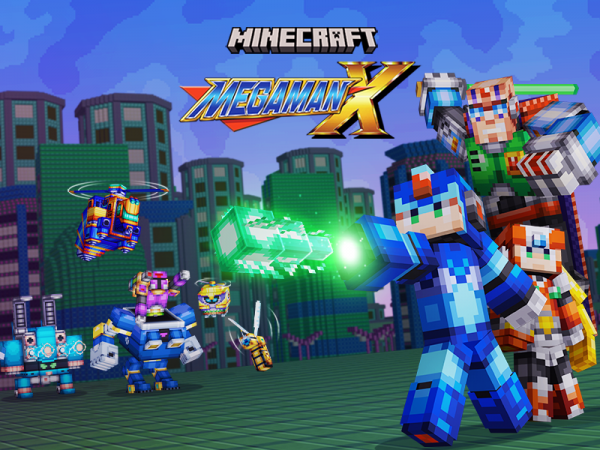Blue Megaman character in Minecraft block style,