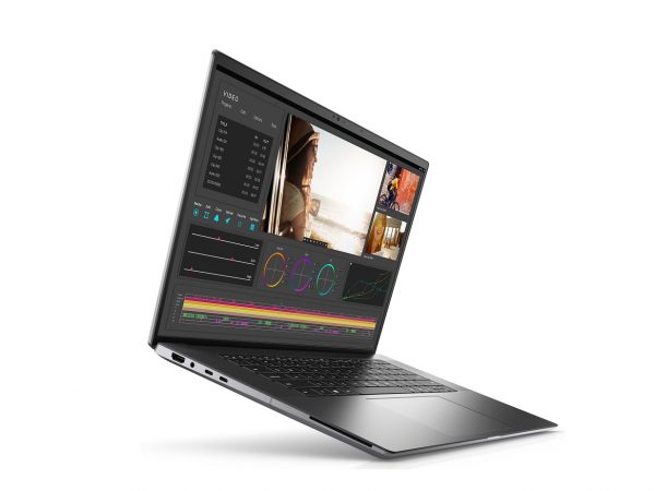 Laptop open and facing right slightly raised off surface