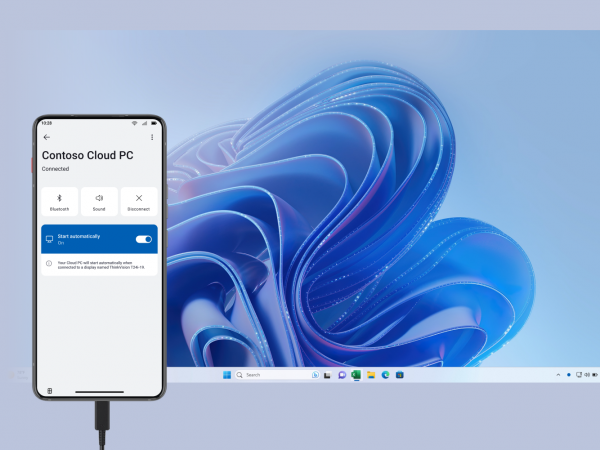 Mobile phone connected to Cloud PC next to the Windows 11 desktop