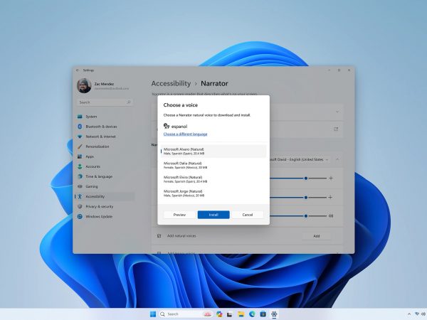 A user can choose from the different natural voices available in different languages from Narrator settings. In this scenario, a user is choosing from the list of new natural voices added for Spanish.