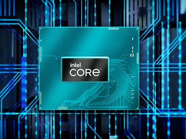 Close-up of an Intel chip surrounded by blue lines against a black background