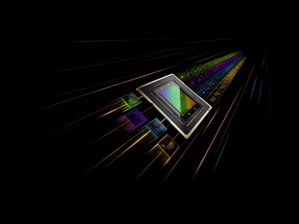 Closeup of an NVIDIA chip angled as if in motion