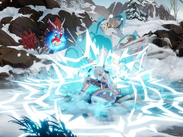 Screenshot from Towerborne game showing an armored player striking their shield to the ground emitting a blue energy blast
