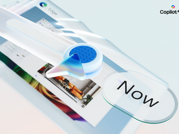 Arrow and button and the word now above an Edge browser window, and the Copilot+ PC logo