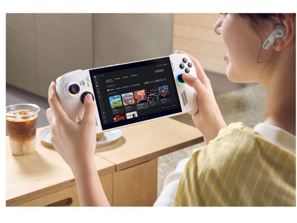 Woman holding a handheld gaming device, as seen from behind