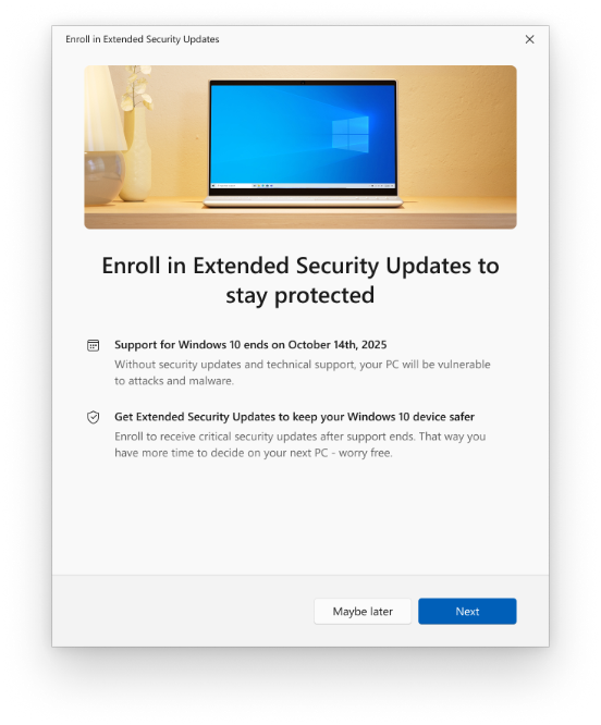 Extended Security Updates welcome page. Extended Security Updates welcome page.