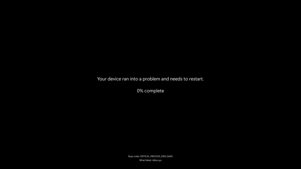 A black screen with a Windows stop code and a short message to the user Windows is restarting imminently. A black screen with a Windows stop code and a short message to the user Windows is restarting imminently.