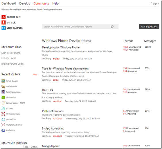 The Windows Phone Dev Center is a comprehensive central repository for all Windows Phone app-making info, including forums and reference material that used to be located on MSDN.