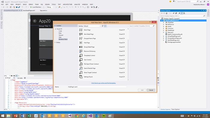 Additional Items such as the Settings Flyout and Hub Page can be added to the project with the Add New Item