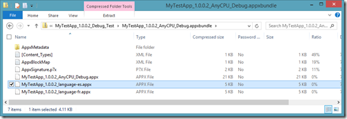 An appx bundle file showing resources for French and Spanish languages