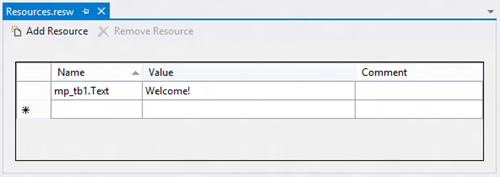 Resource editor with a new resource added