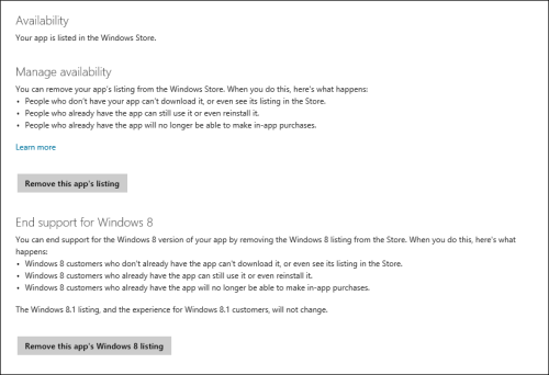 Screen shot showing where you manage your app's availability