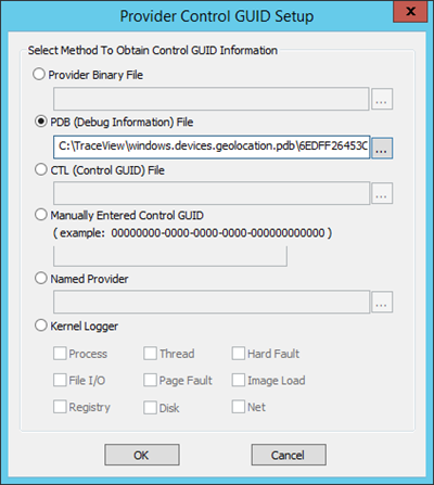 Screen shot of Provider Control GUID Setup dialog box showing path to PDB file.