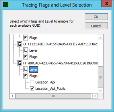 Screen shot of the Tracing Flags and Level Selection dialog box with Location_Api_Public selected.