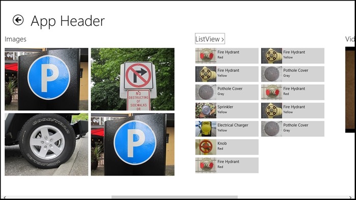 Screen shot from sample app of keyboard focus on "ListView" section header, after Right Arrow key is pressed.