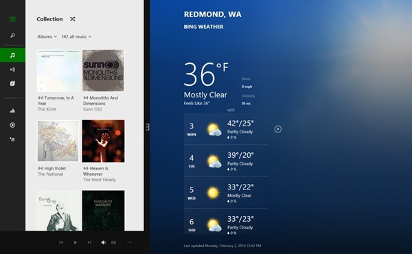 Screen shot of Xbox Music app for Windows 8.1 in vertical scrolling grid layout.