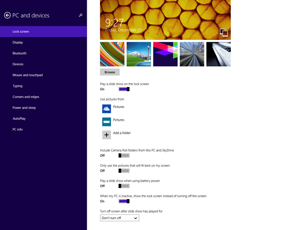 After the slide show is set in PC settings, the default settings change to match your choices