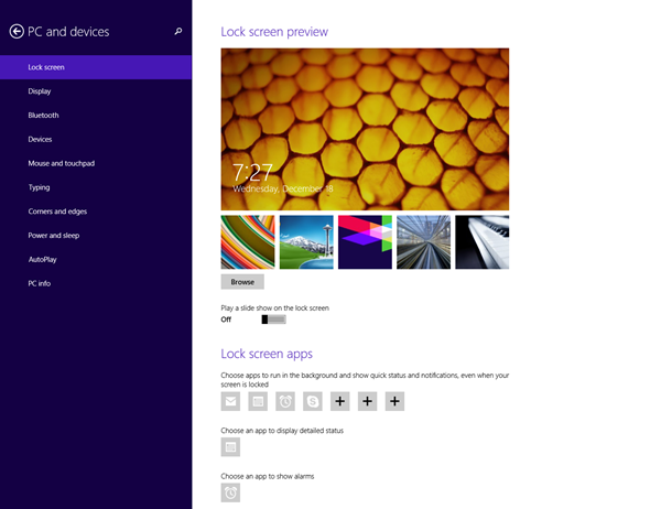 The settings for the lock screen slide show are in PC Settings