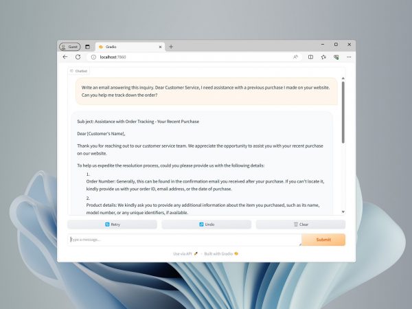 Example of automated answer to a customer service question