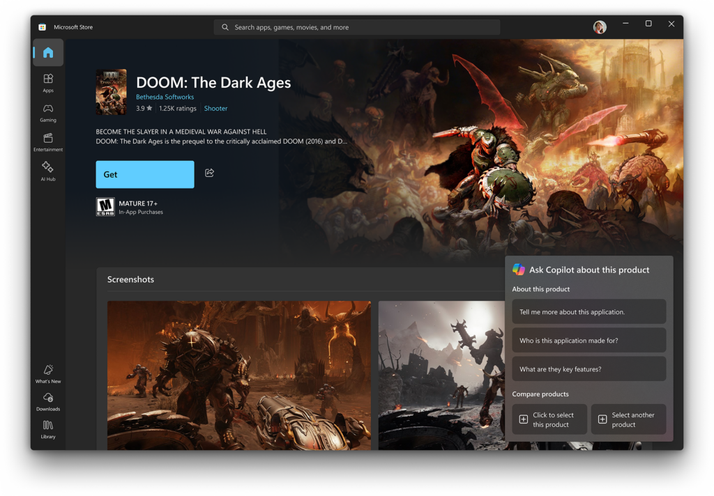 Pagina del prodotto per DOOM: The Dark Ages con un agente Copilot con cui gli utenti possono interagire e scoprire di più su funzionalità specifiche.