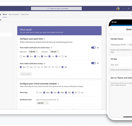 就業時間外に Teams と Outlook からモバイル デバイスへの通知をオフにするクワイエット タイム設定を導入