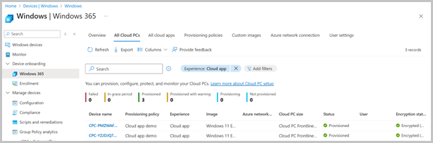 Microsoft Intune での Windows 365 Cloud Apps の共有モードでプロビジョニングされた Cloud PCs