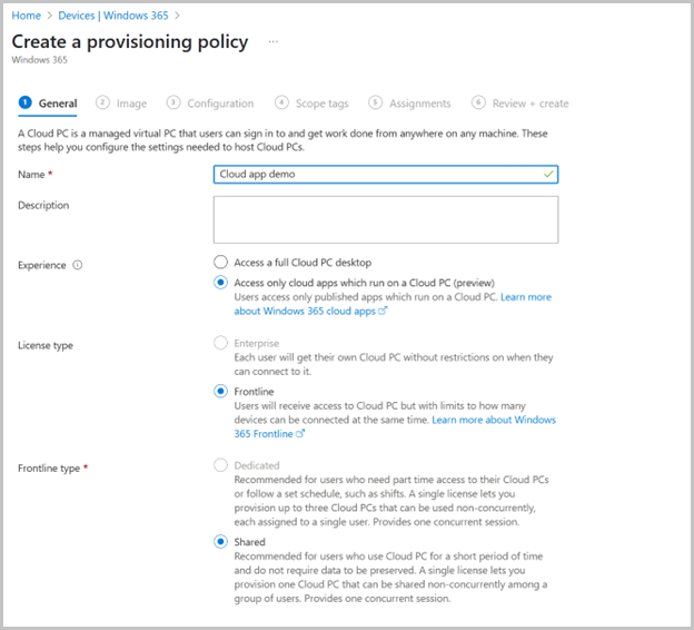 Microsoft Intune での Windows 365 クラウド アプリ用の Windows 365 プロビジョニング ポリシー設定例
