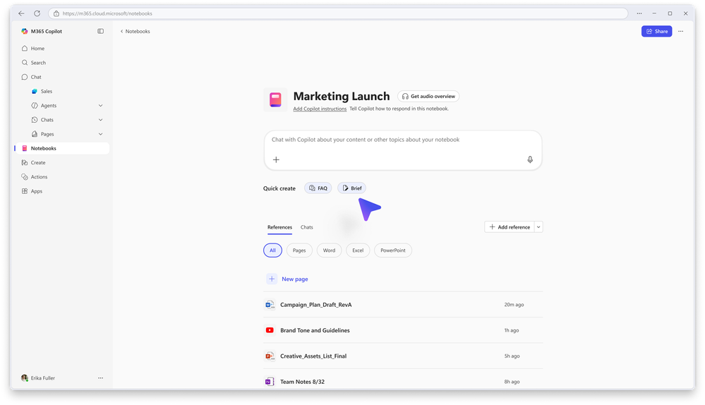 Copilot ノートブックで新しいコンテンツを作成する