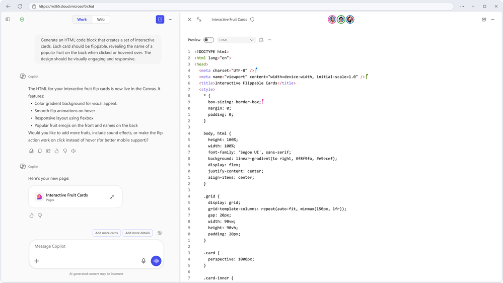 Copilot Pages での作成、参照、コード生成