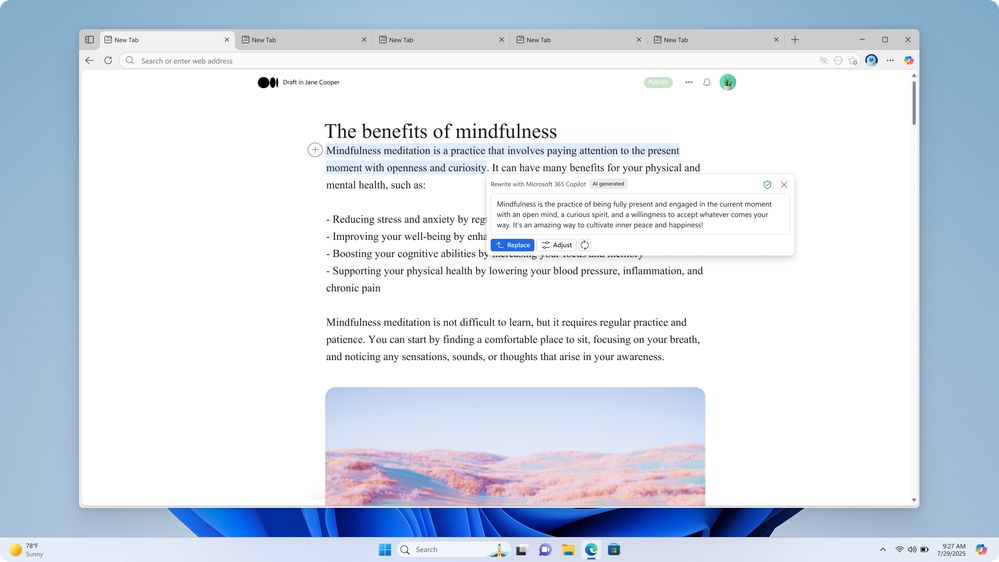 Microsoft 365 Copilot in Edge のリライト機能