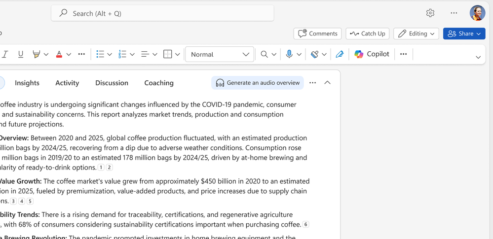 Copilot in Word の音声による概要、書式設定、プロンプト履歴