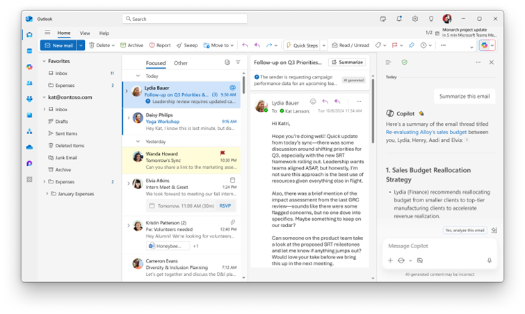 Copilot in Outlook のメール管理機能を改良