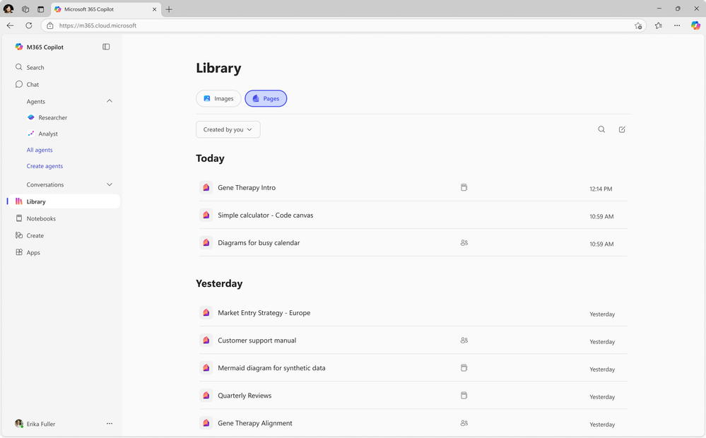 Microsoft 365 Copilot アプリの Copilot ライブラリ、および検索と作成の新機能