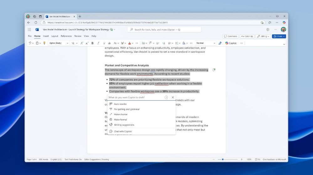 Copilot in Word で文書を更新し、スペルや文法を修正する