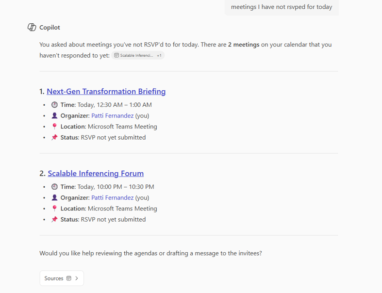 Copilot Chat における Outlook のメールおよび予定表との連携