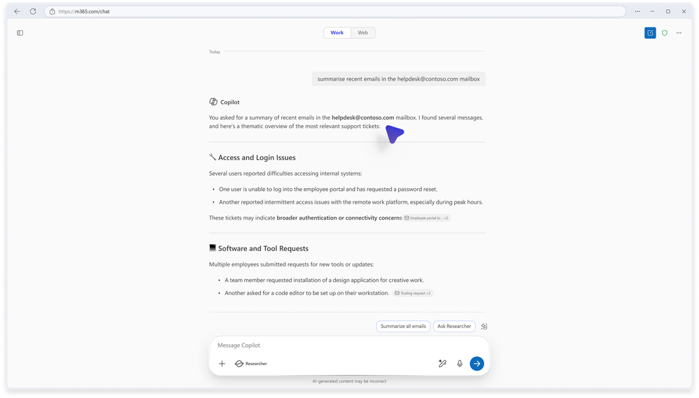 Copilot Chat における Outlook のメールおよび予定表との連携