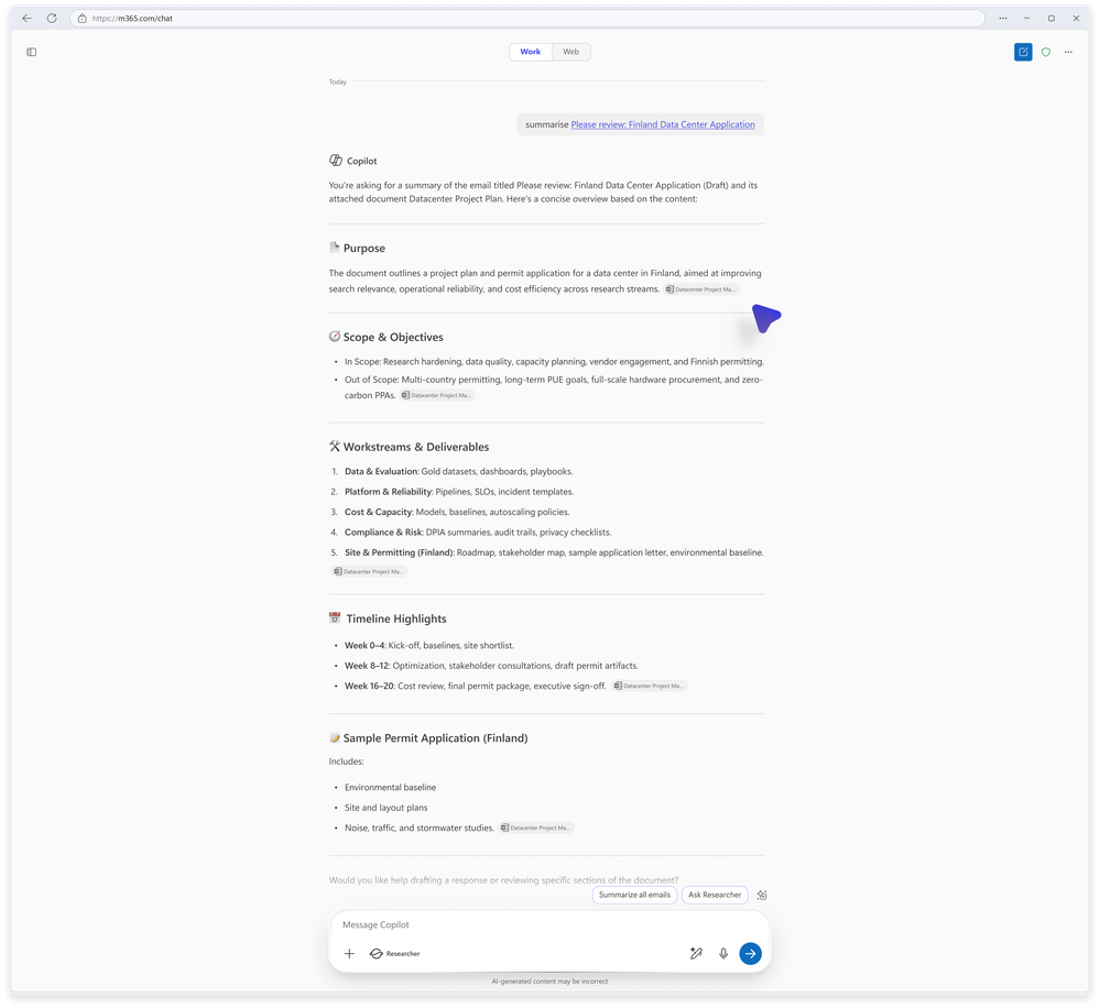 Copilot Chat における Outlook のメールおよび予定表との連携