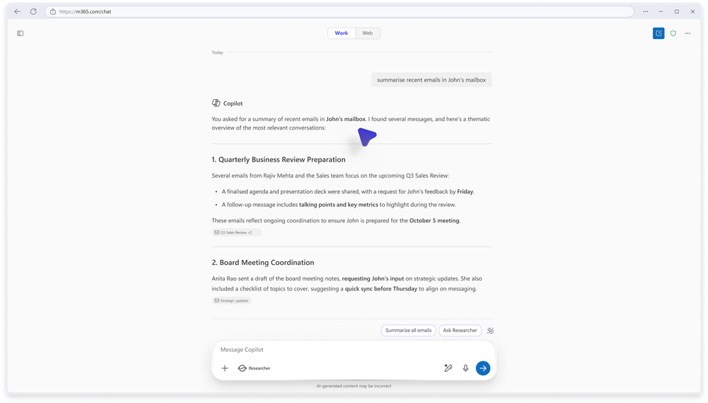 Copilot Chat における Outlook のメールおよび予定表との連携