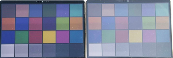 図 5: 反射防止テクノロジの比較。左のディスプレイには反射防止コーティングが施されており、強い光の下でも画面が見やすく、読み取りやすいことが示されている。右のディスプレイは反射しており、あまり鮮明ではない。