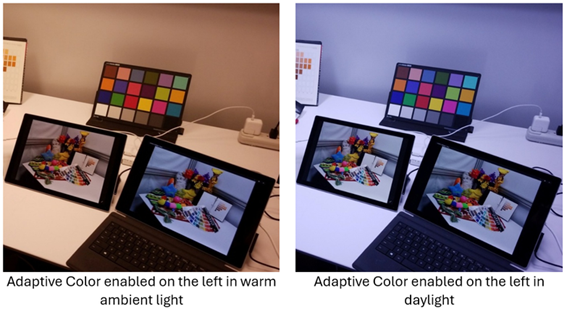 図 4: Adaptive Color (両写真内の左側の画面) と、ホワイト ポイントを D65 に固定した場合 (両写真内の右側の画面) の比較。Adaptive Color では暖色系の環境光 (左の写真) と昼光 (右の写真) のそれぞれの表示環境に合わせてホワイト ポイントが調整されているが、ホワイト ポイントが固定された画面では表示が変わっていない。