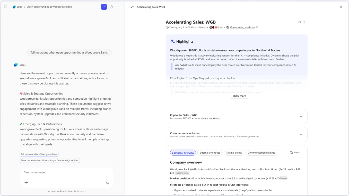 UI of Sales Agent response in Microsoft 365 Copilot