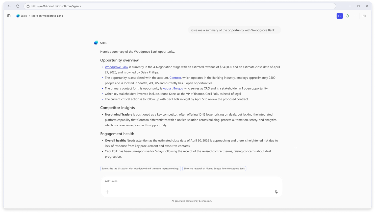 UI of Sales Agent in Microsoft 365 Copilot