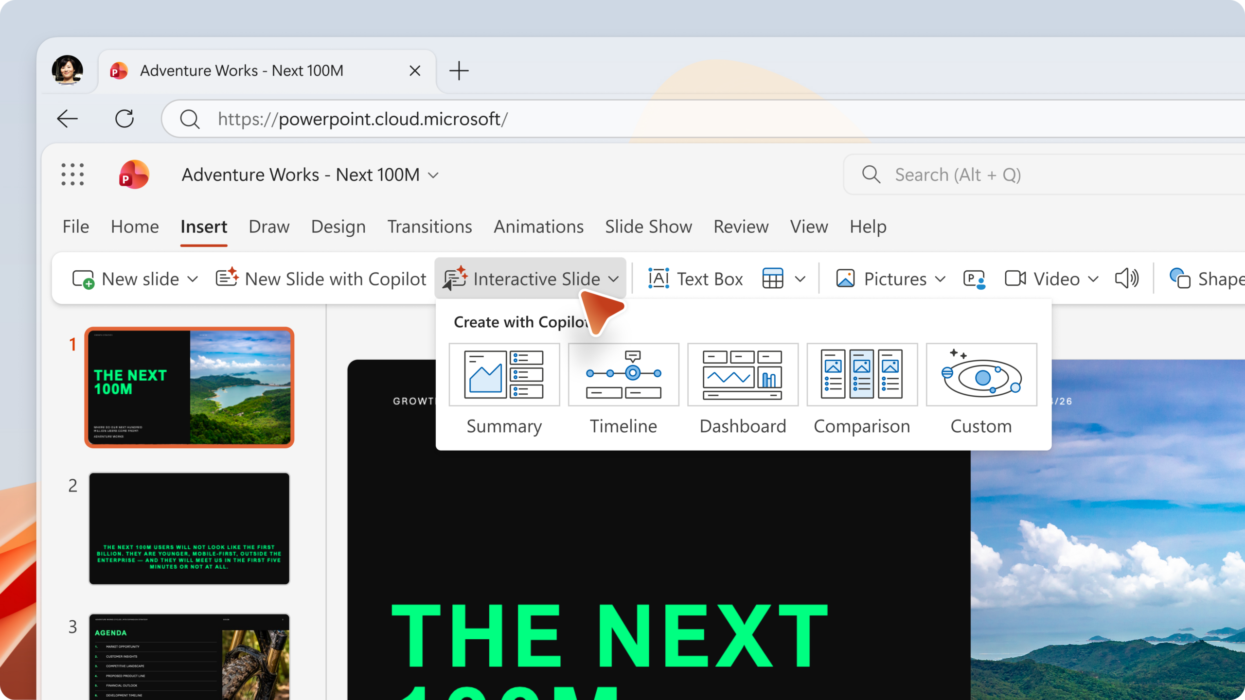 PowerPoint のリボンから Interactive Slide を選択し、作成したいスライドについて説明します。