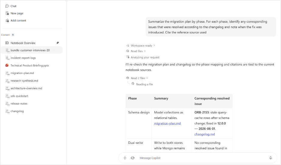 Copilot Notebooks が Markdown、プレーン テキスト、リッチ テキストのファイルに対応
