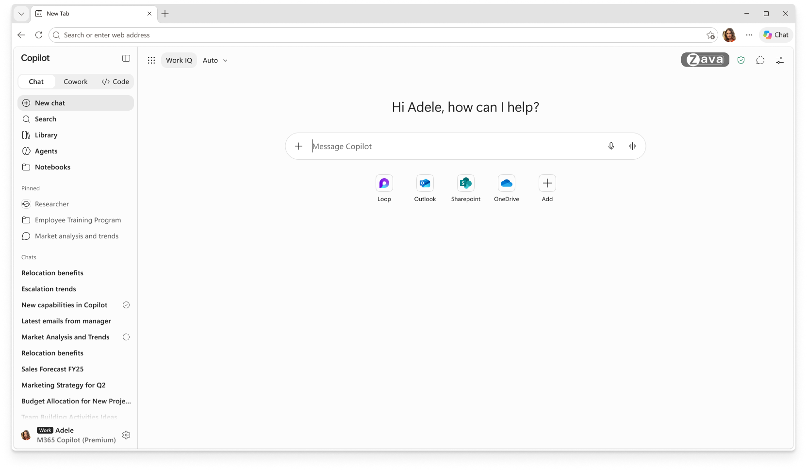Edge のアップグレードされた Copilot 新しいタブ ページでは、検索、チャット、Web の探索が 1 つの検索ボックスに統合されます。