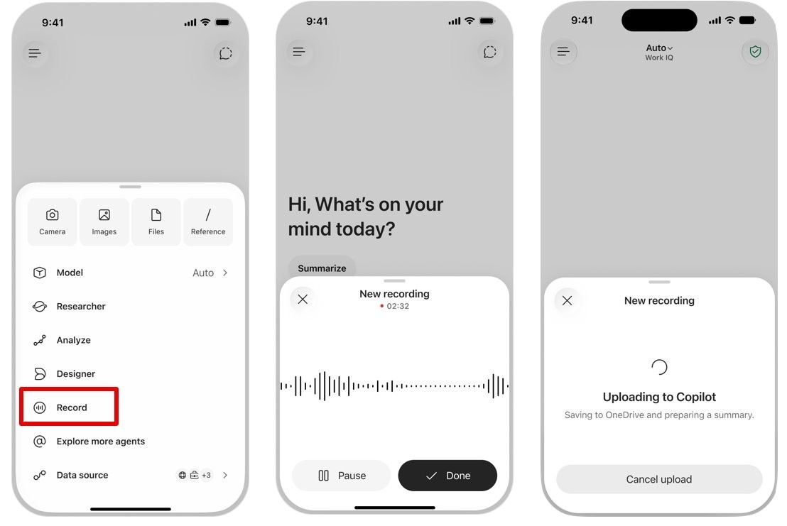 Microsoft Copilot モバイル アプリの Record を使用すると、ユーザーは対面での会話やボイス メモを外出先で記録し、行動につなげられるコンテンツに変換できます。