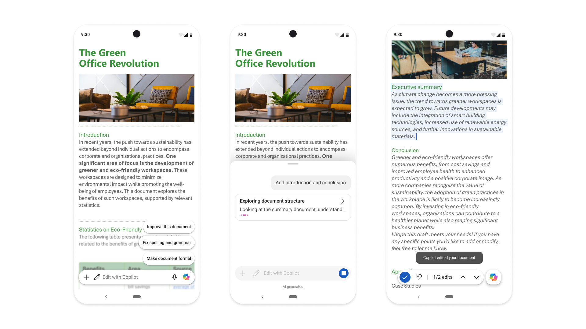 Android 版の Copilot in Word、PowerPoint、Excel により、Copilot を活用した編集機能をモバイル デバイスでもご利用いただけます。